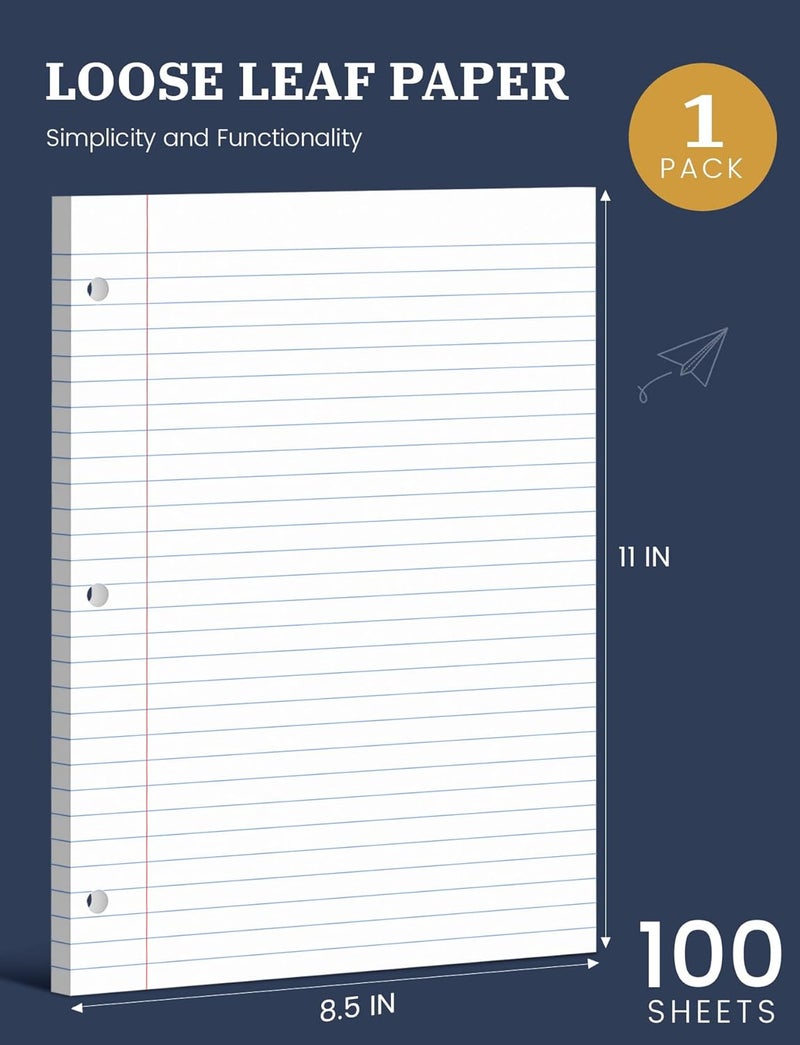 Aidunmis Loose Leaf Paper, 100 Sheets Notebook Paper, Binder Lined Paper Wide Ruled, 8.5'' x 11'' Loose Leaf, 3-Hole Punched Filler Writing Paper, 3-Ring Binder Note Papers, White - Image 2